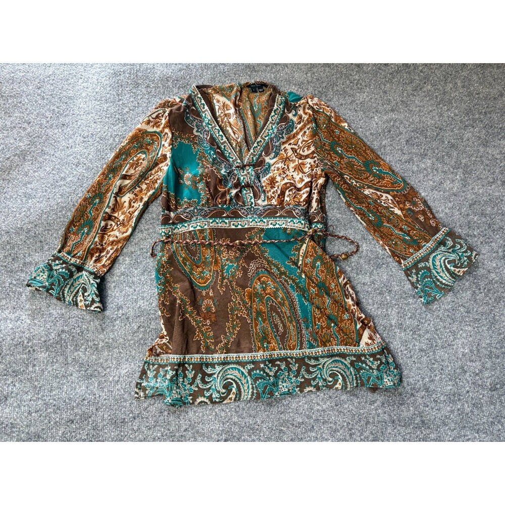 Eci New York Boho Flowy Top Womens Small Brown Belted Lined Long Sleeve Blouse